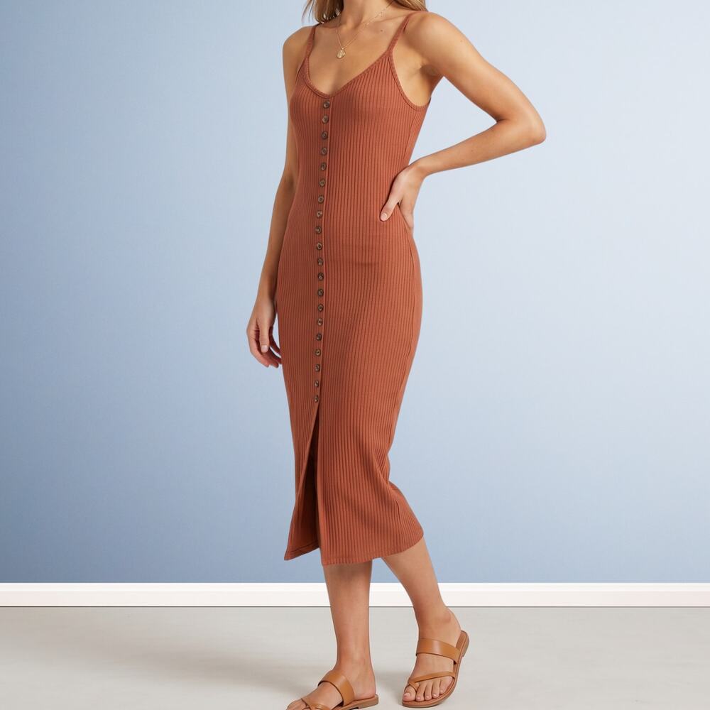 Dress Forum Ribbed Button Front Midi Dress Burnt Orange Medium